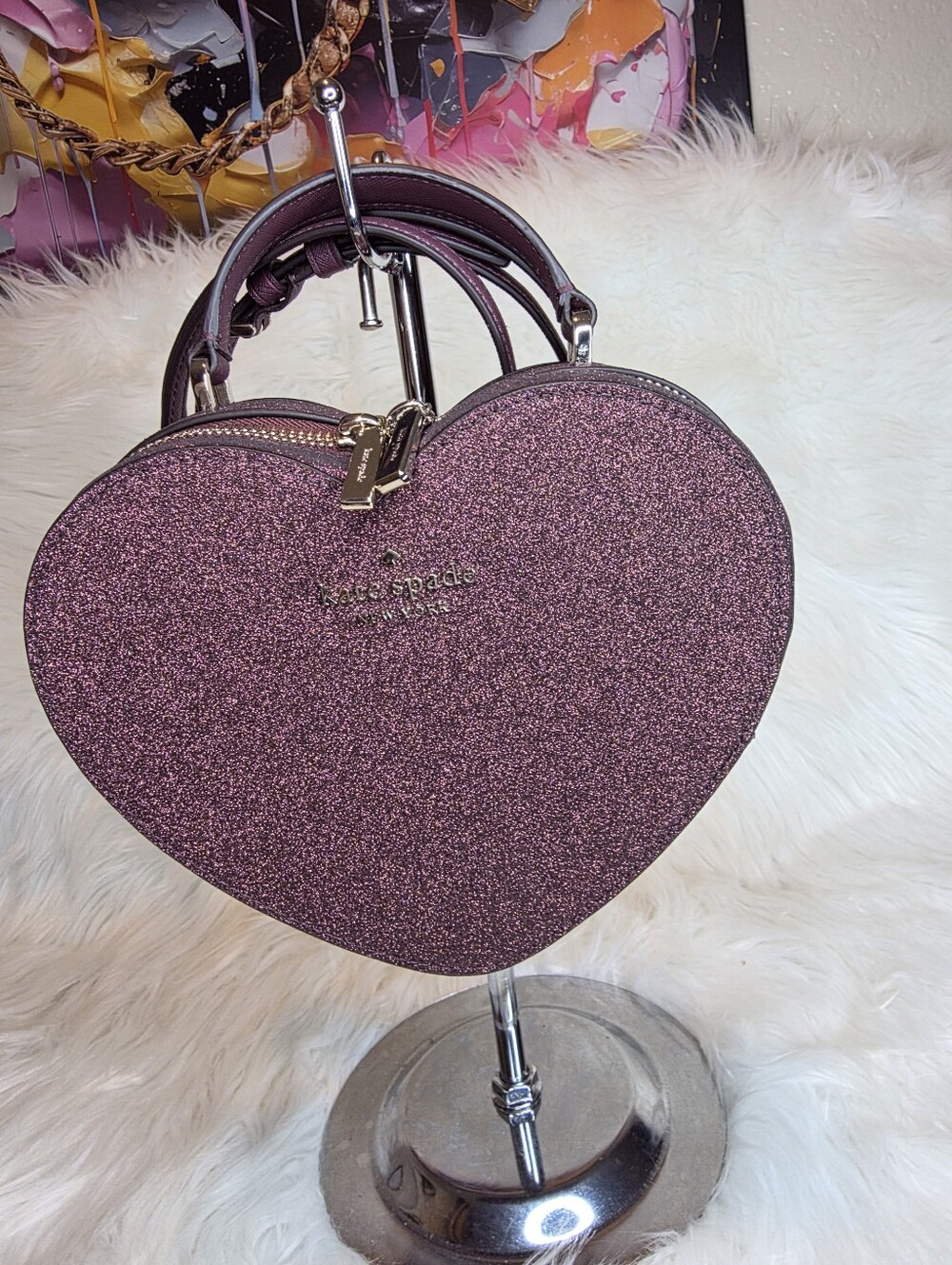 Kate Spade NWOT Plum Glitter Heart Mini Top-Handle  Crossbody Bag Includes Strap